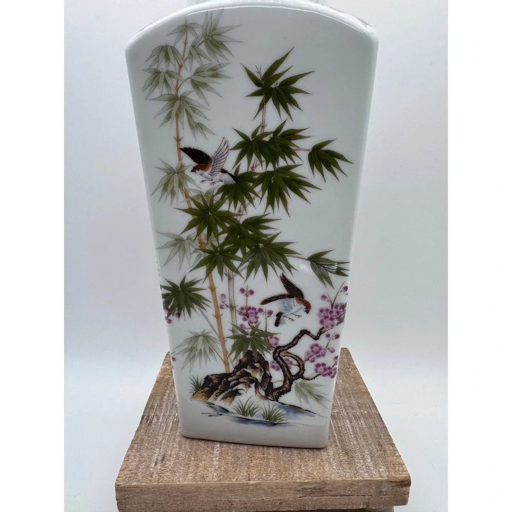 Satsuki Japan Porcelain Vase Vintage Bamboo Birds Cherry Blossom Gold Rim